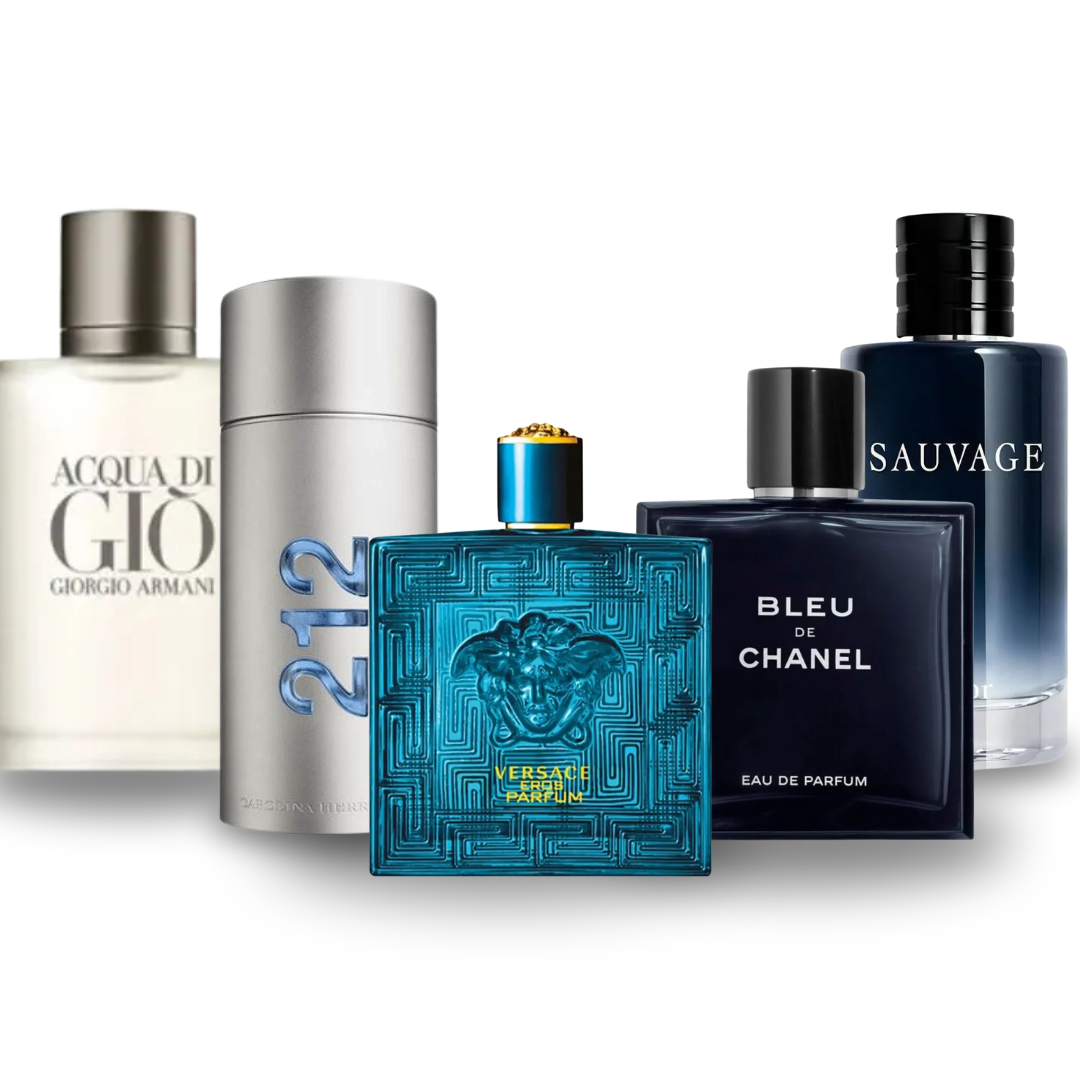 Kit 5 Perfumes Masculinos – Acqua Di Gio + Eros + Bleu de Chanel + Sauvage + 212 Men