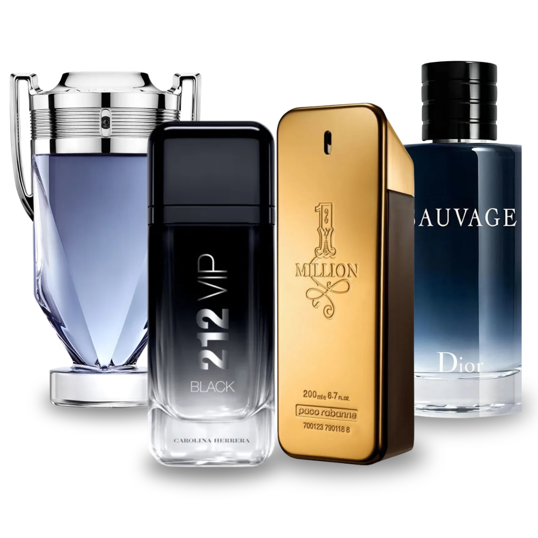 Kit de 4 Perfumes Masculinos – 212 VIP Black + 1 Million + Sauvage + Invictus