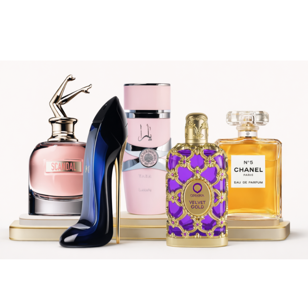 KIT 5 PERFUMES (Chanel N5 - Velvet Gold - Good Girl - Scandal - Yara Lattafa)