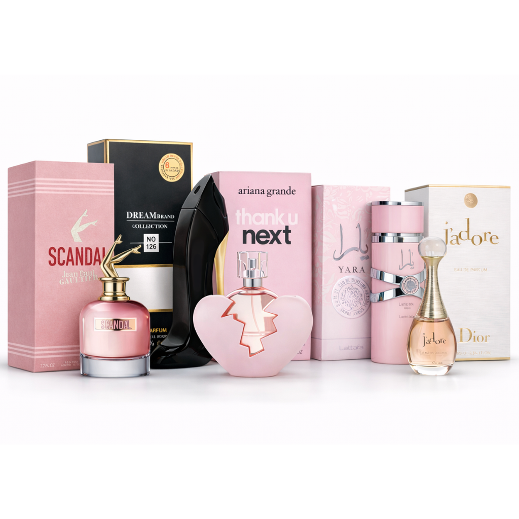 Kit de 5 Perfumes Femininos + Perfumero Recargable – Ariana Grande + J’adore + Good Girl + Scandal + Yara