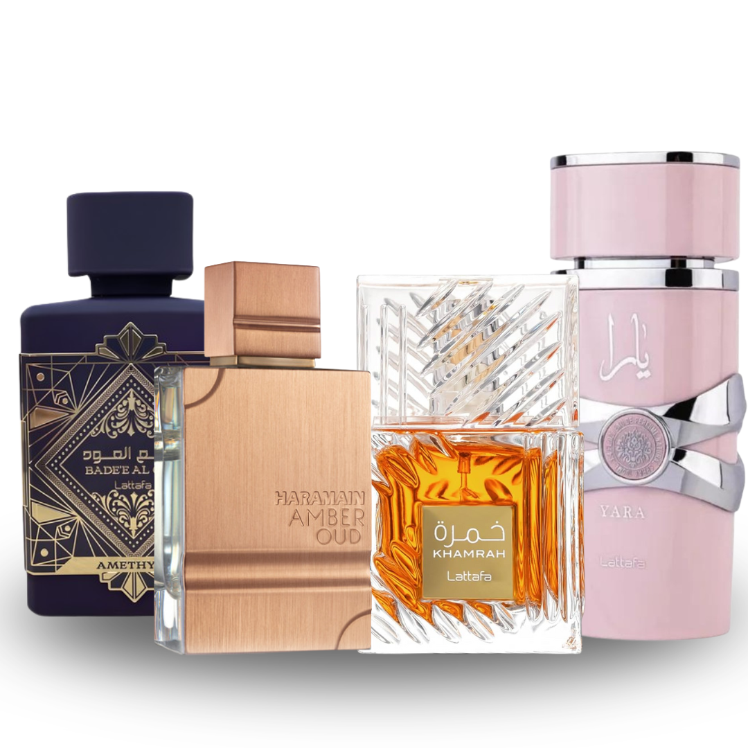 Kit de 4 Perfumes + Regalo – Khamrah + Yara + Amethyst + Amber Oud