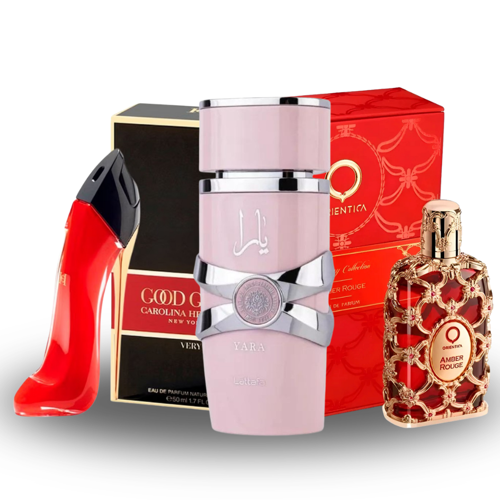 Kit de 3 Perfumes Femininos – Amber Rouge + Very Good Girl + Yara