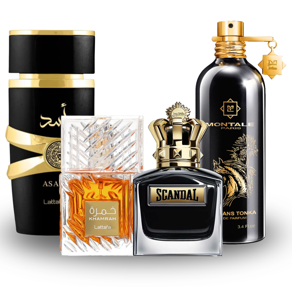 Kit 4 Perfumes Masculinos – Asad + Khamrah + Tonka + Scandal