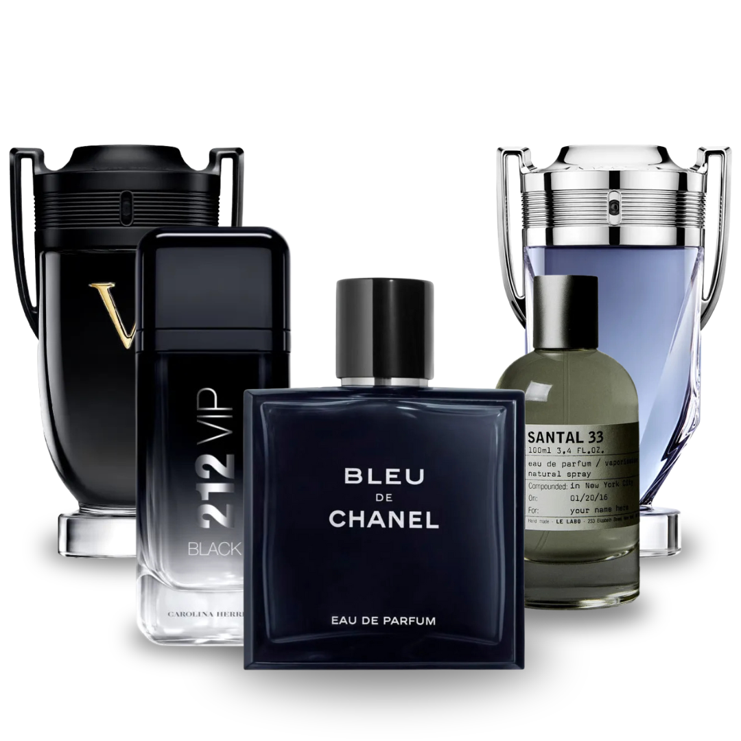 Kit 5 Perfumes Masculinos – Bleu de Chanel + 212 VIP Black + Santal 33 + Invictus + Invictus Victory
