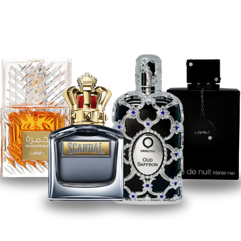 Kit 4 Perfumes Masculinos – Oud Saffron + Scandal + Khamrah + Club de Nuit