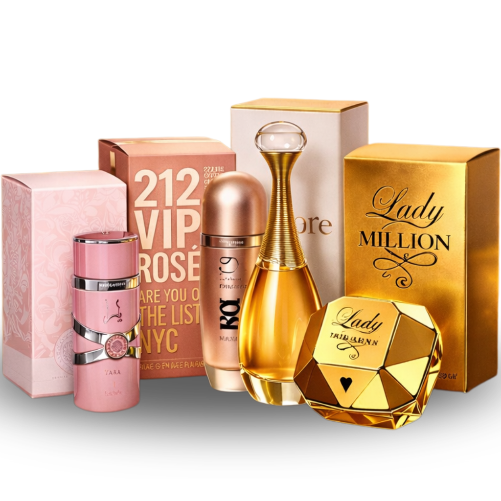 Kit de Perfumes Femininos – Lady Million + 212 VIP Rosé + J’adore + Yara